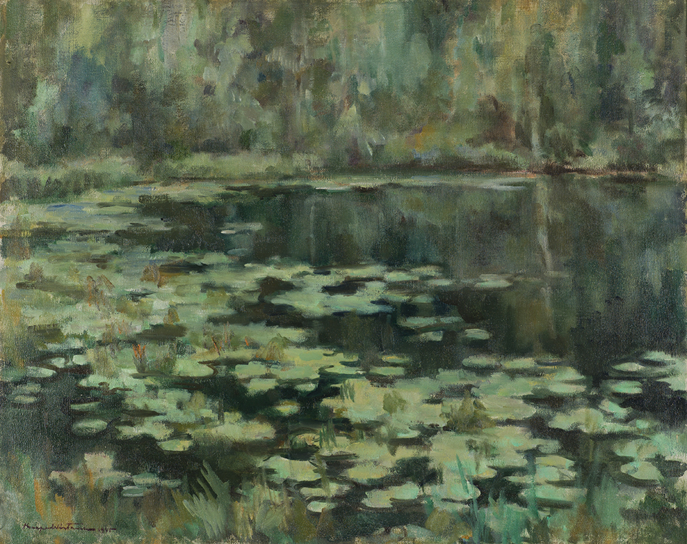 Kaapo Wirtasen maalaama teos kesäisestä lammesta, jossa kelluu lumpeita.