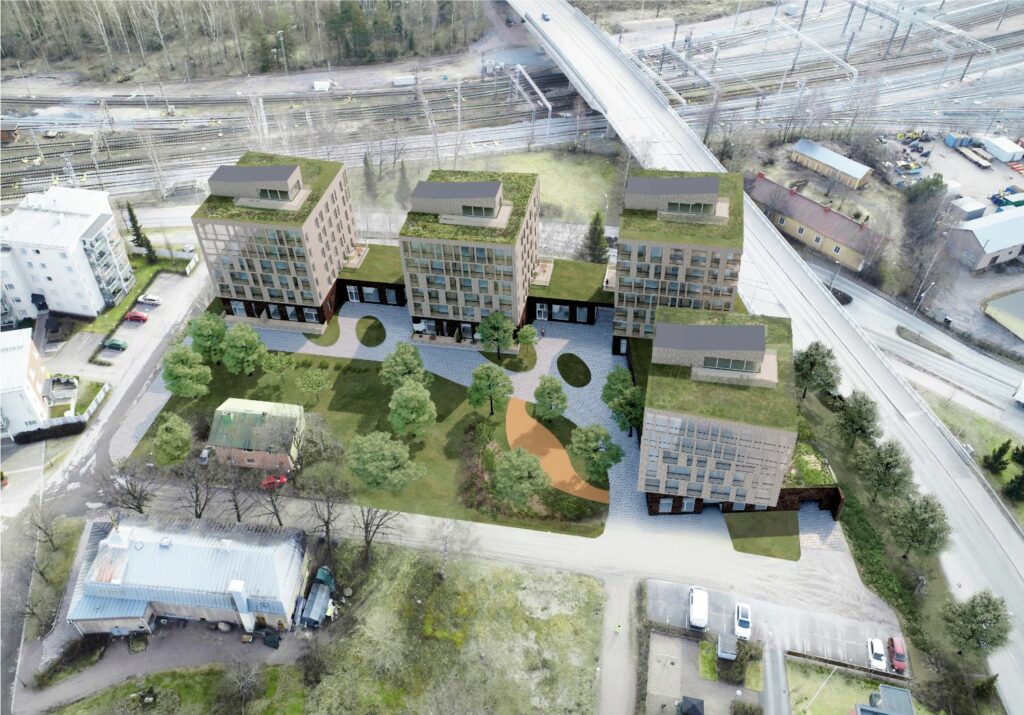 Havainnekuva neljästä 6-kerroksisesta kerrostalosta Peukaloisen korttelialueella. Kerrostalojen edessä on vihreä piha-alue ja kerrostalojen takana näkyy päärata.