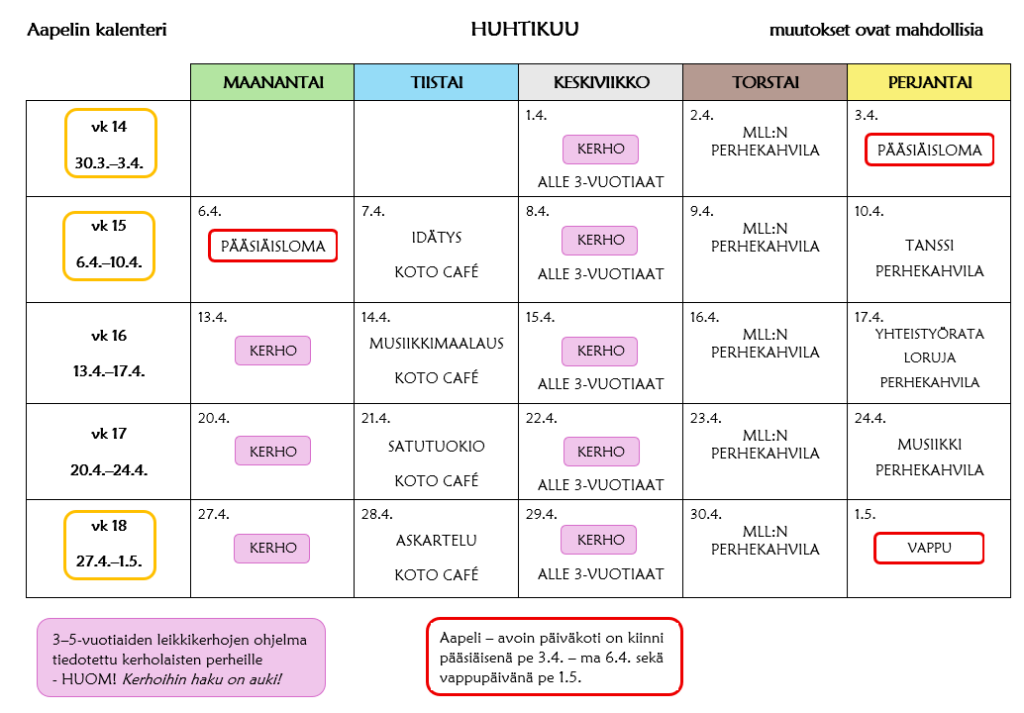 Huhtikuun 2026 lukujärjestys kuvana. Sama sisältö löytyy tekstimuodossa jakso-otsikon Ajankohtaista ohjelmaa Aapeli - avoimessa päiväkodissa.