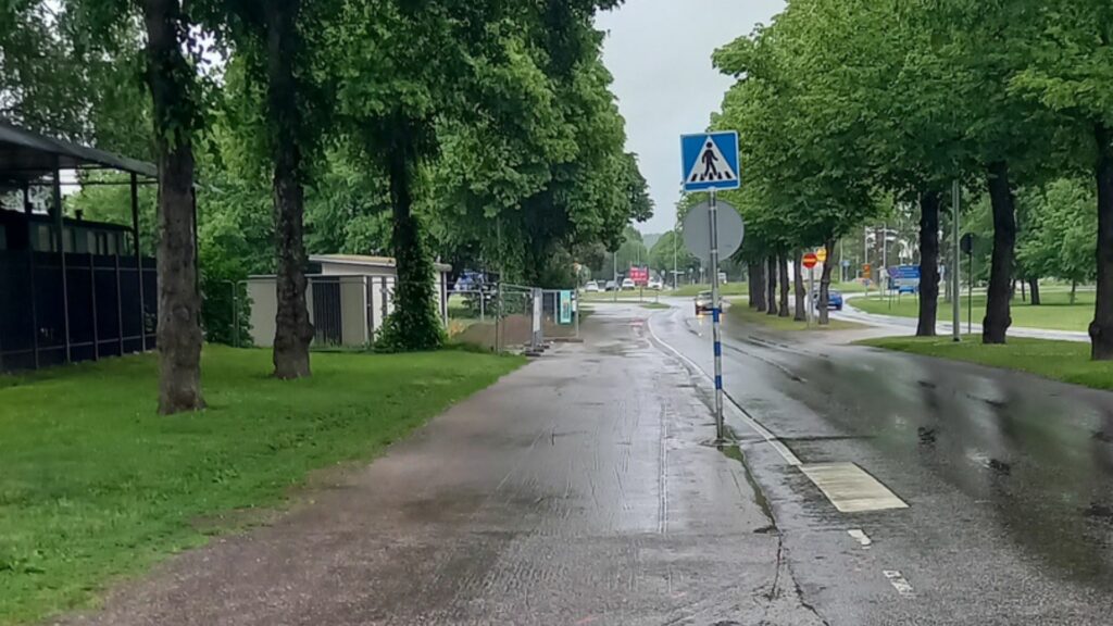 Sateesta kastunut asfaltoitu kevyen liikenteen väylä. Sen varrelta lähtee suojatie liikennemerkkeineen. Väylää reunustaa suuret vihreät lehtipuut.