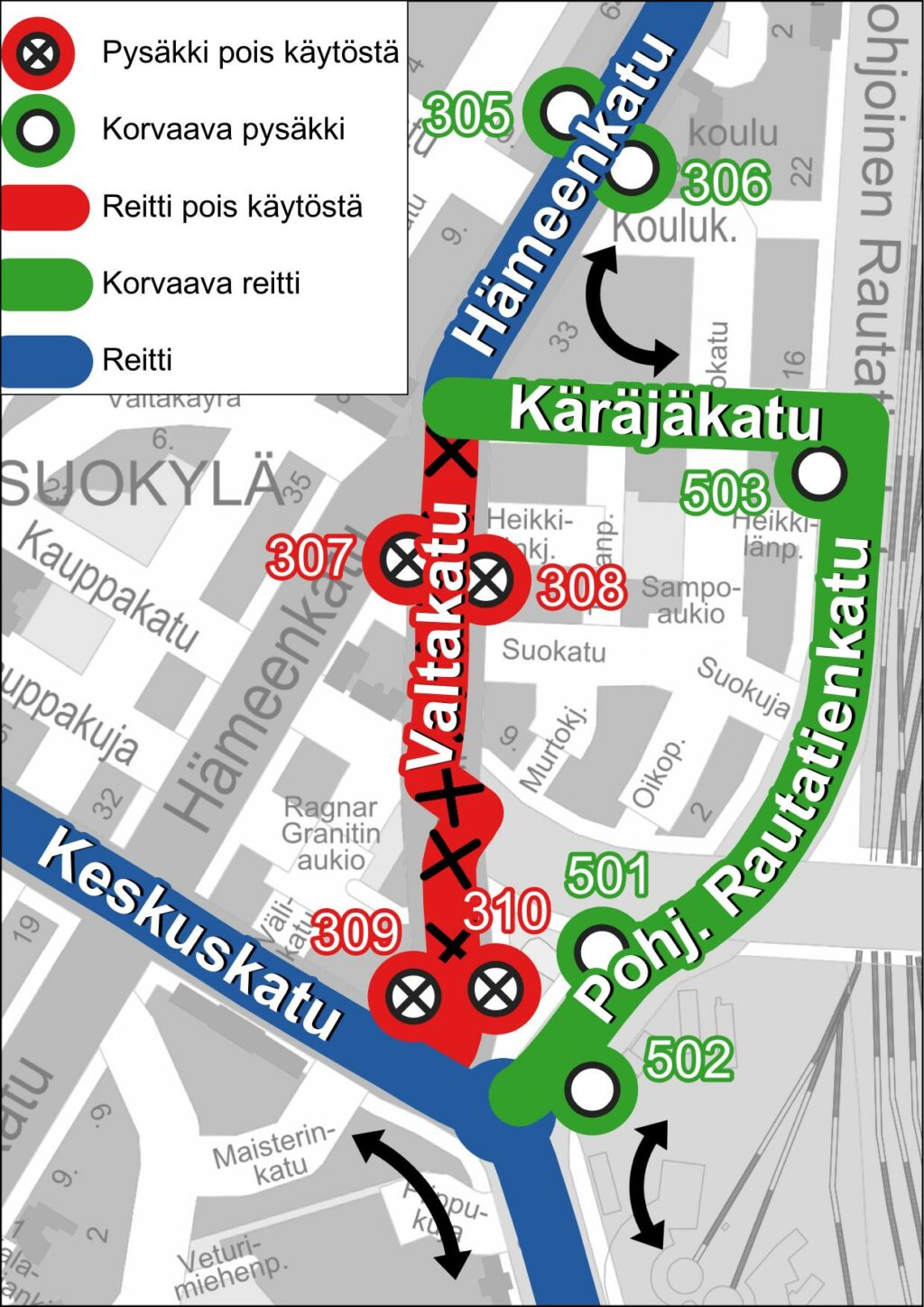 Reittikartta Valtakadun poikkeuslinja-autoreitistä
