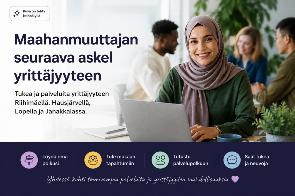 Hymyilevä nainen tietokoneen ääreessä, taustalla kolme henkilöä keskustelemassa. Kuvassa teksti: Maahanmuuttajan seuraava askel yrittäjyyteen sekä sen alla lukee tukea ja palveluita yrittäjyyteen Riihimäellä, Hausjärvellä, Lopella ja Janakkalassa. Alla myös pieniä kuvakkeita, jotka viittaavat sivun sisältöön