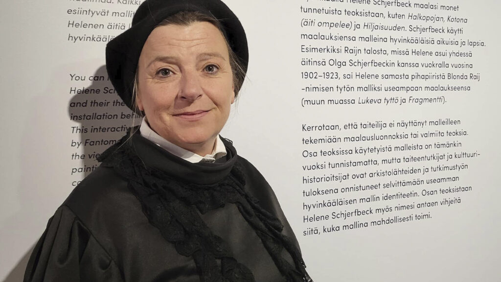 Näyttelijä Marika Sampio-Utriainen kuvattuna Helene Schjerfbeck -rooliasussaan.