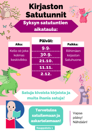 Mainos kirjaston avoimeista satutunneista 2026 syksylle.