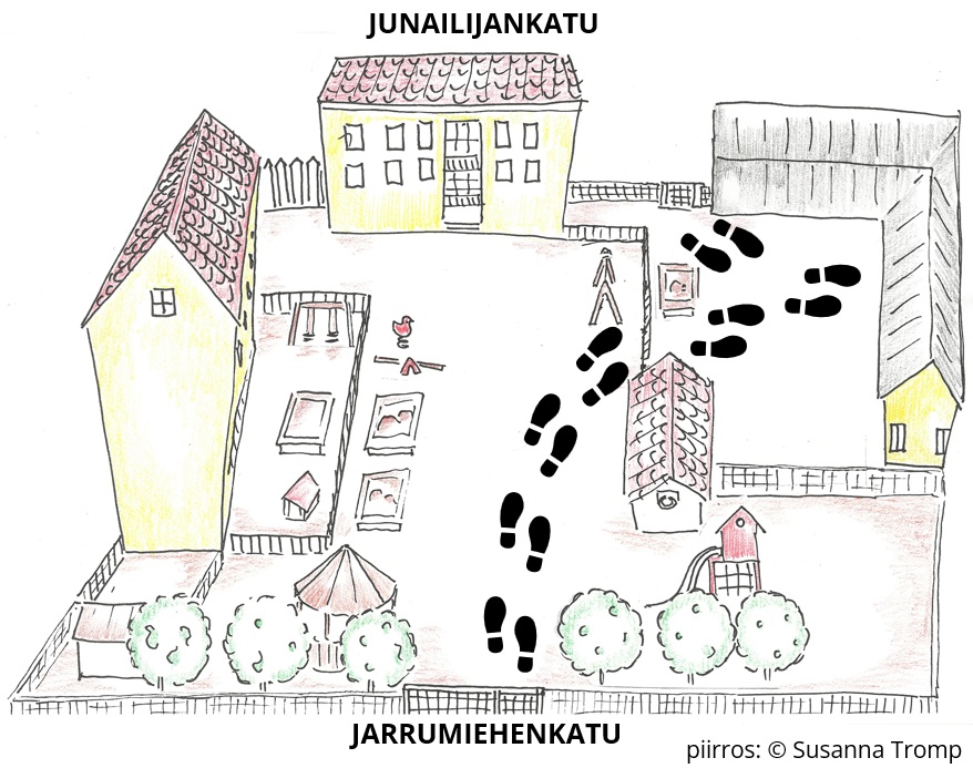 Visuaalinen tuki Aapeliin saapumiseen, kulkuohje pihojen ja porttien läpi sekä Junailijankadun että Jarrumiehenkadun puolelta.