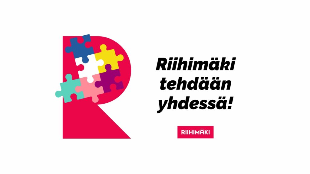 Iso R-kirjain, jonka päällä erivärisiä palapelin paloja. Vieressä teksti Riihimäki tehdään yhdessä!