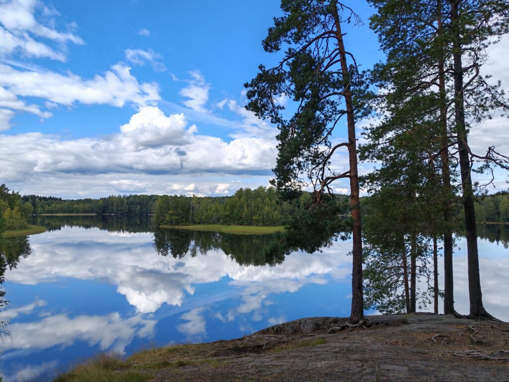 Järvimaisema kalliolta kuvattuna puolipilvisellä säällä. Etualalla mäntyjä.