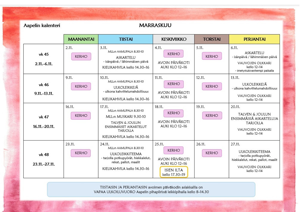 Aapeli - avoimen päiväkodin marraskuun ohjelmakalenteri kuvamuodossa. Sama sisältö löytyy tekstimuodossa myöhemmin tältä sivulta otsikon Ajankohtaista ohjelmaa Aapeli - avoimessa päiväkodissa