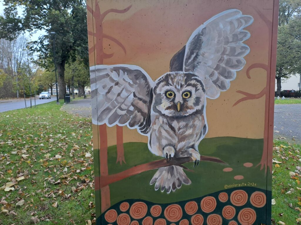 Sähkökaappi, johon maalattu pöllön kuva