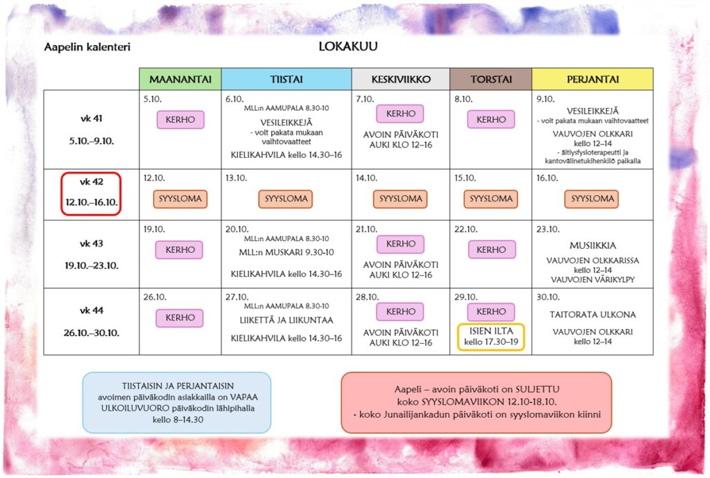 Aapeli - open daycare's October program calendar in picture format. The same content can be found in text format later on this page under the heading Current programs at Aapeli - open daycare
